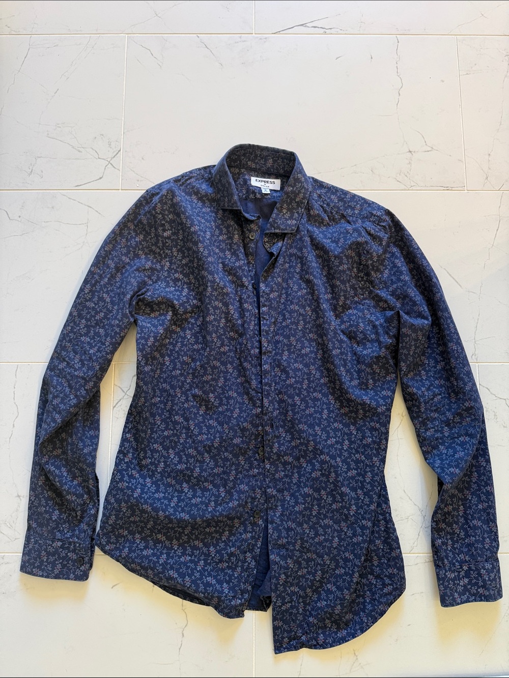 Express Men's Dark Blue Floral Button-Down Shirt